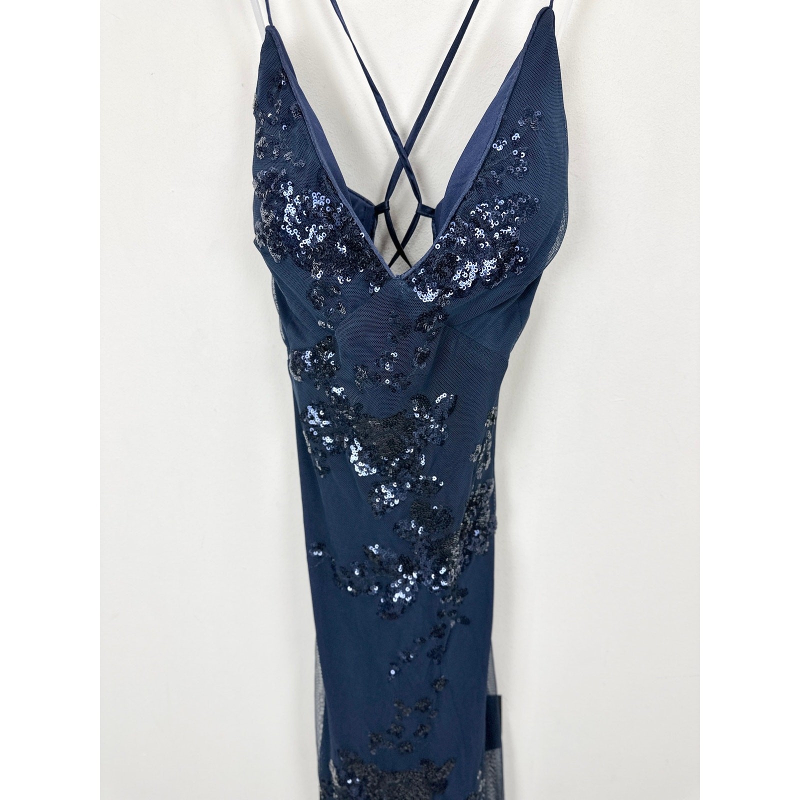 Lulus Valhalla Navy Blue Sequin Lace-Up Maxi Dress Formal Evening Glam Large NWT