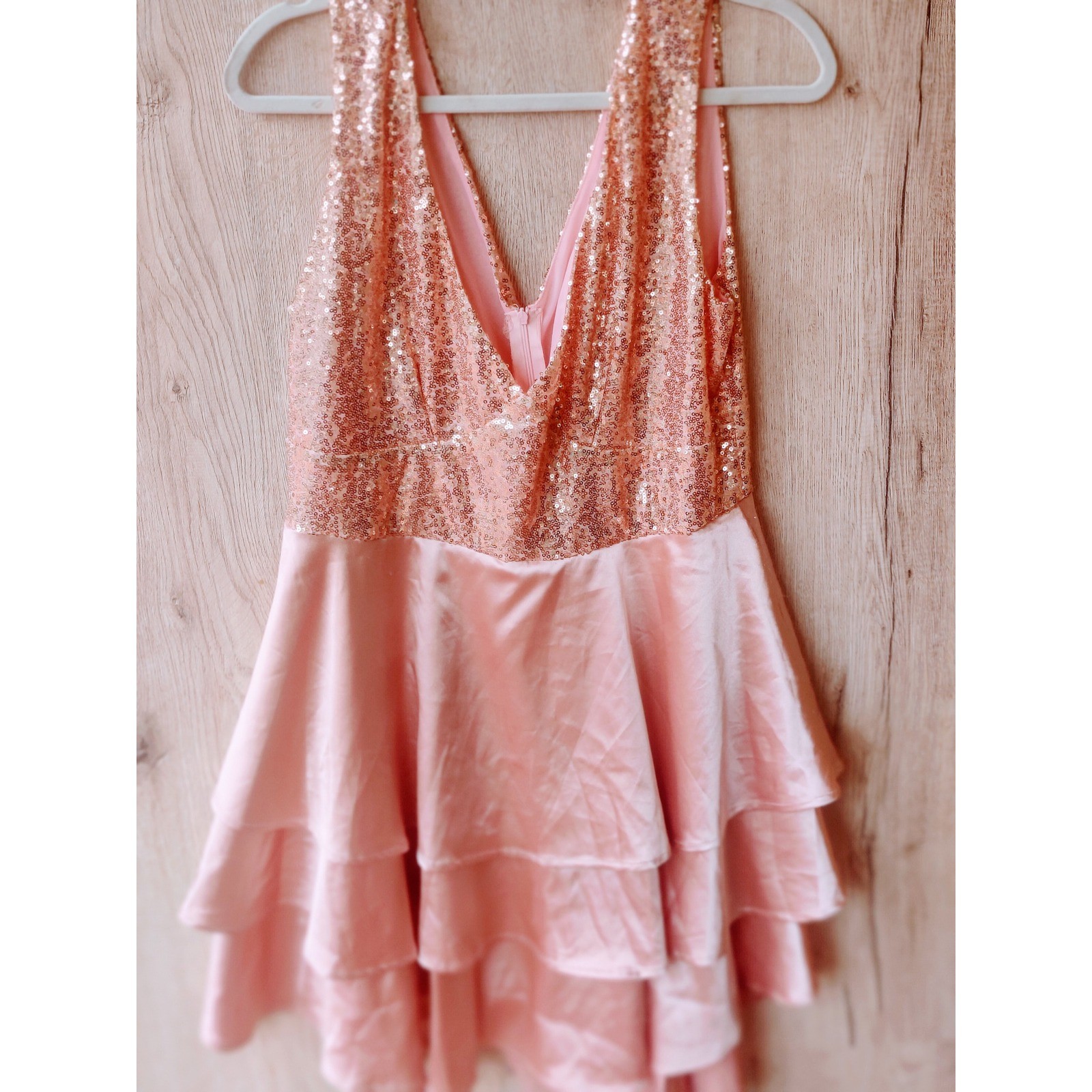 Rose Gold Sequin Satin Tiered Ruffle Mini Dress Pink Party Cocktail Gown Size L