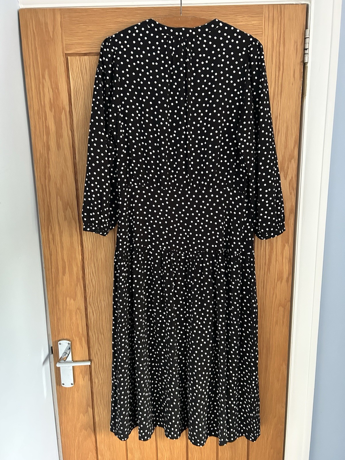 Albaray Polka Dot Midi Dress Size 14 Black White V Neck 3/4 Sleeves