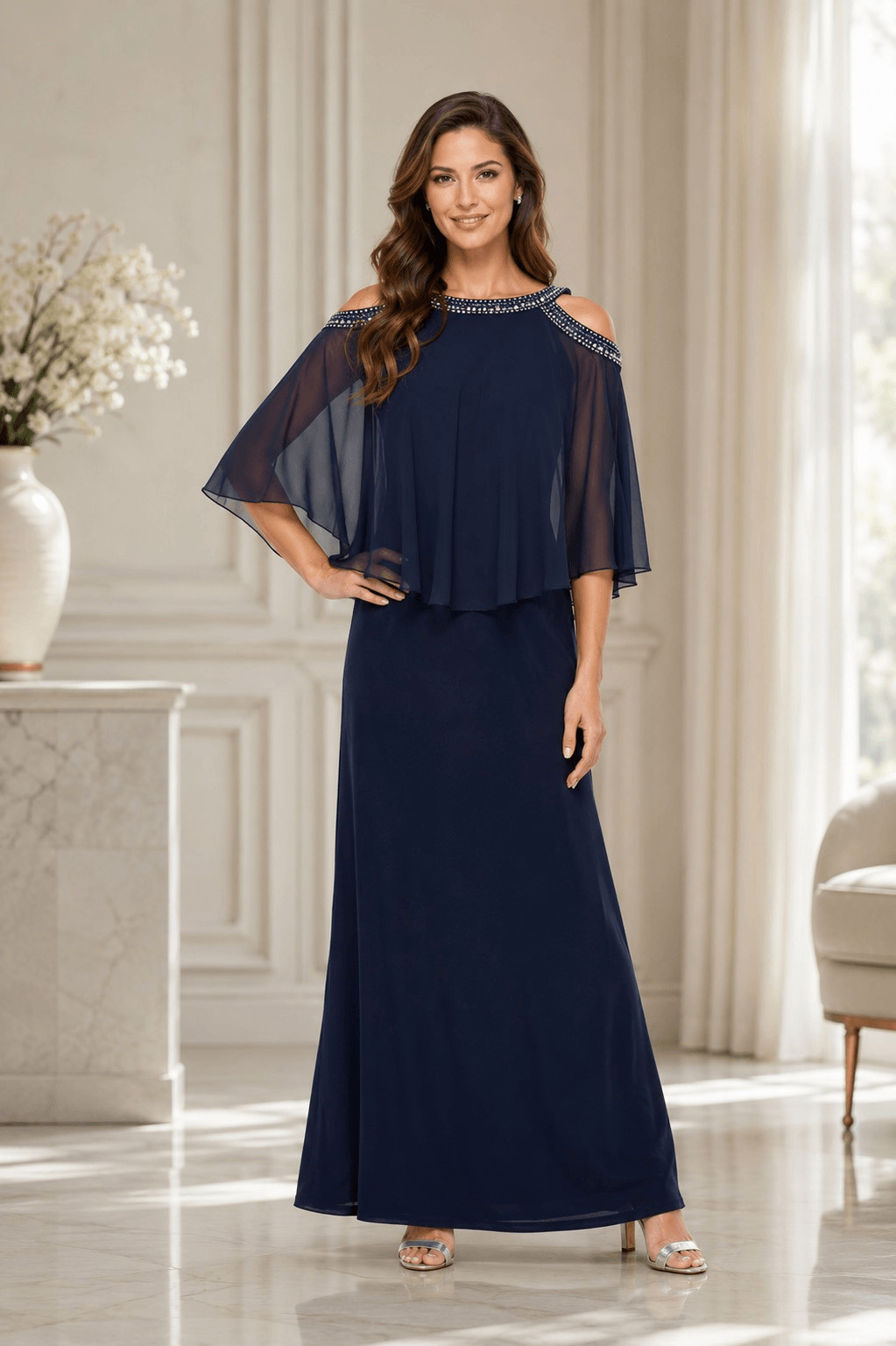 Alex Evenings Beaded Neckline Cold Shoulder Gown Dress Size 6