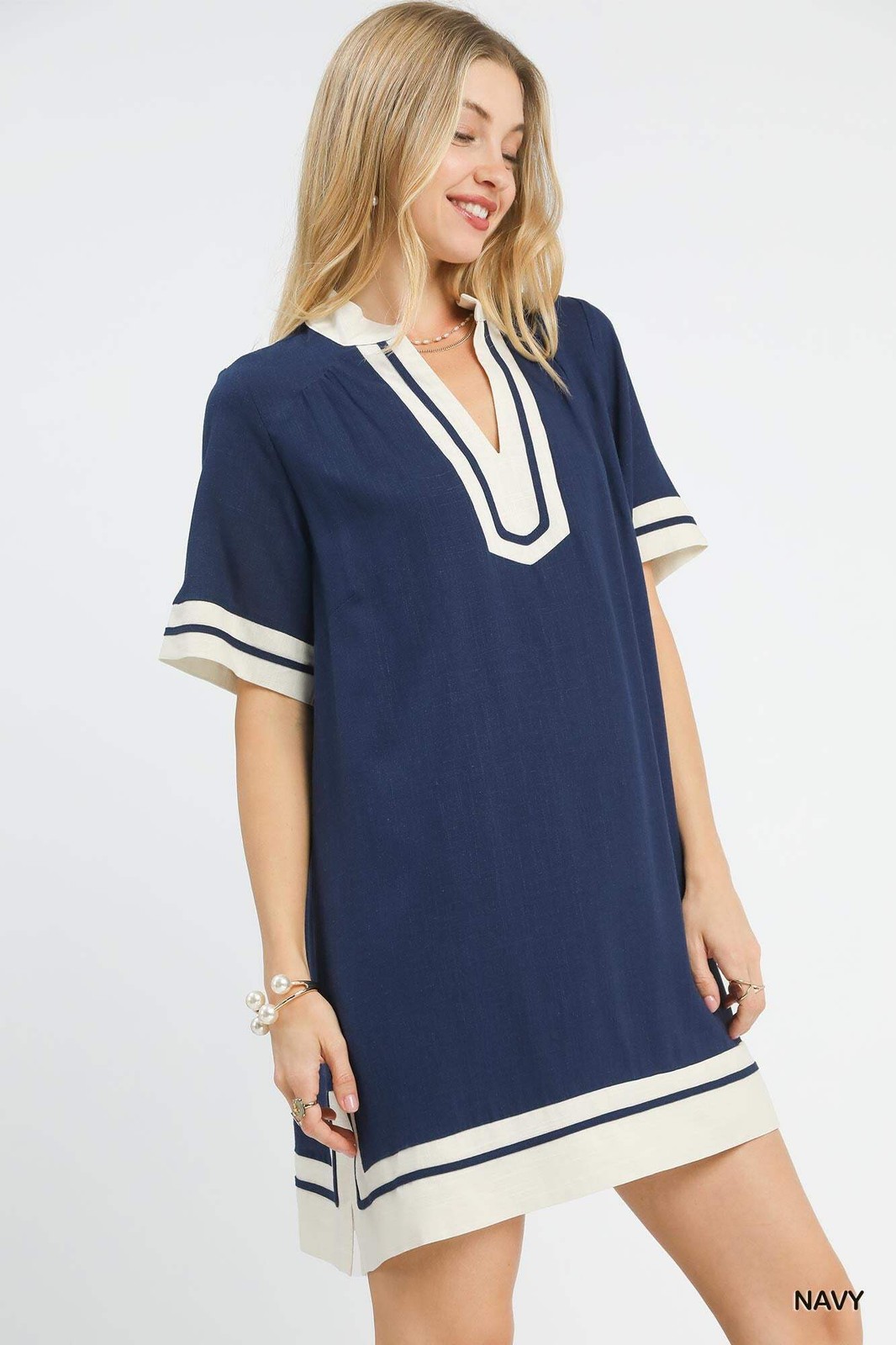 Umgee Linen Rayon Navy Blue Collared Notch V Neck Ringer T-Shirt Mini Dress