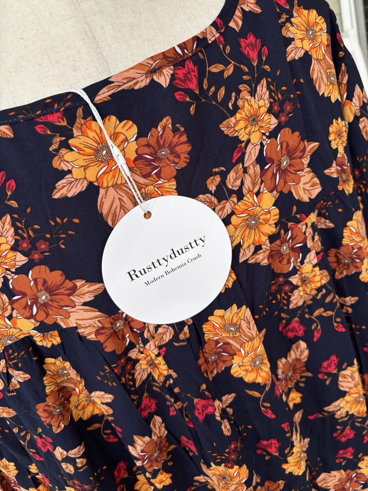 NWT Rusttydustty Dress Womens 1X Boho Long Sleeve Navy Floral V Neck Botique