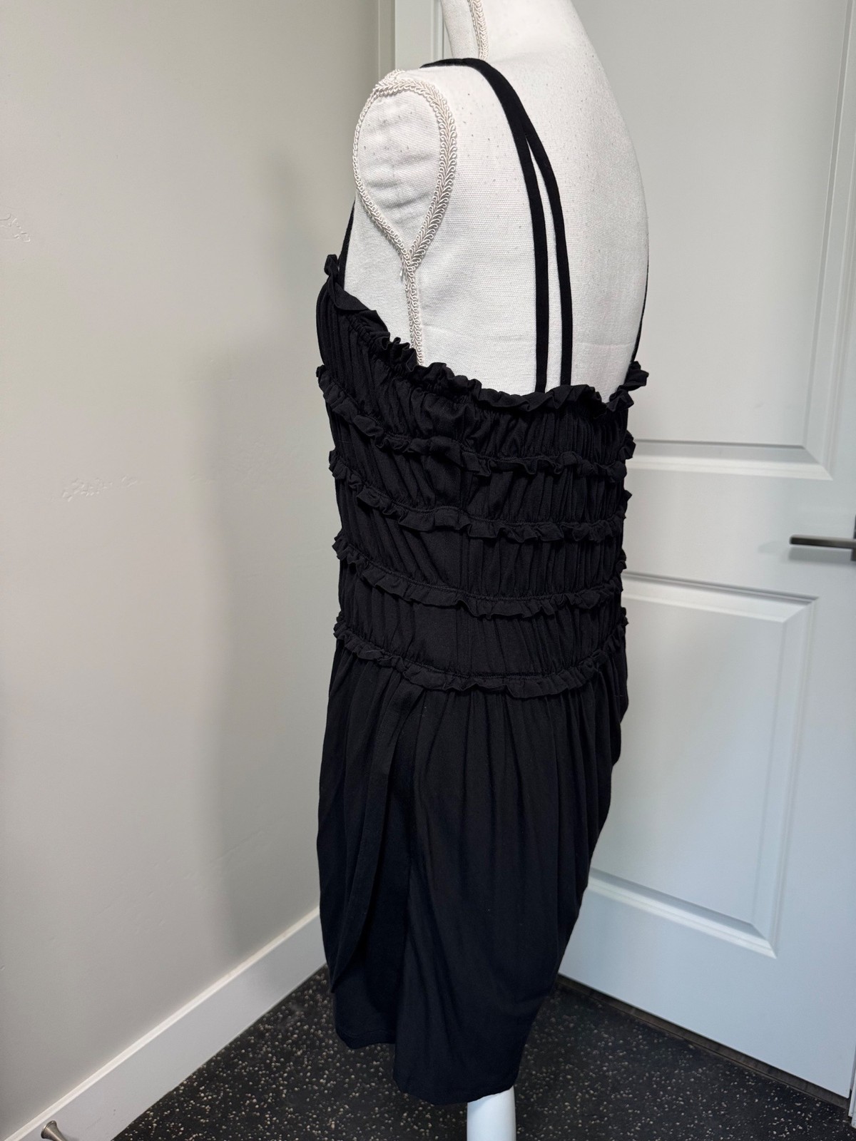 Leifnotes Black Ruched One-Shoulder Midi Dress S Ruffle Details Stretch Travel