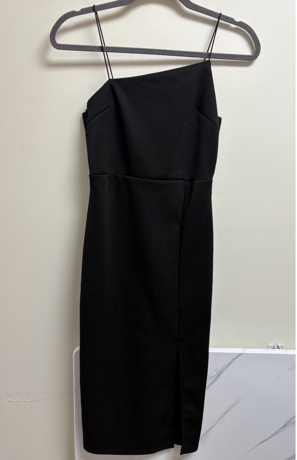 Small Black Asymmetrical Midi Dress Front Slit Minimalist Clean Girl Trendy