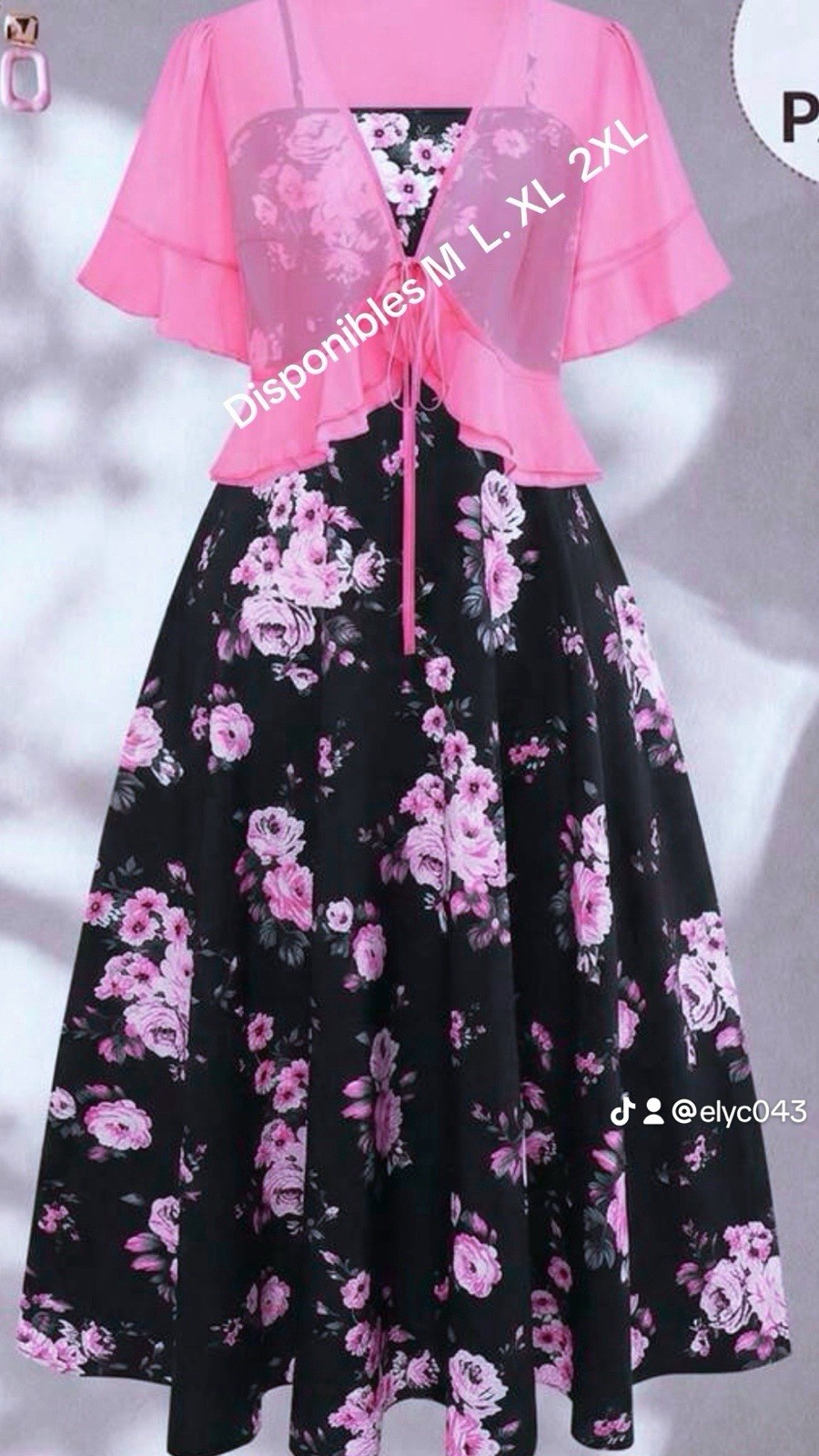 Women’s Pink Floral Sheer Overlay A-Line Midi Dress V-Neck Tie Front M-2XL