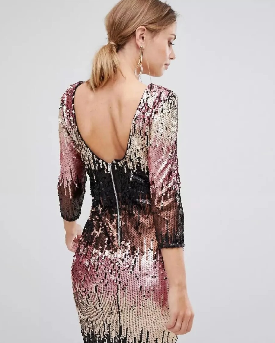 Sequin dress long sleeve Little Mistres Asos Gradient Ombre Gold Black Pink BNWT