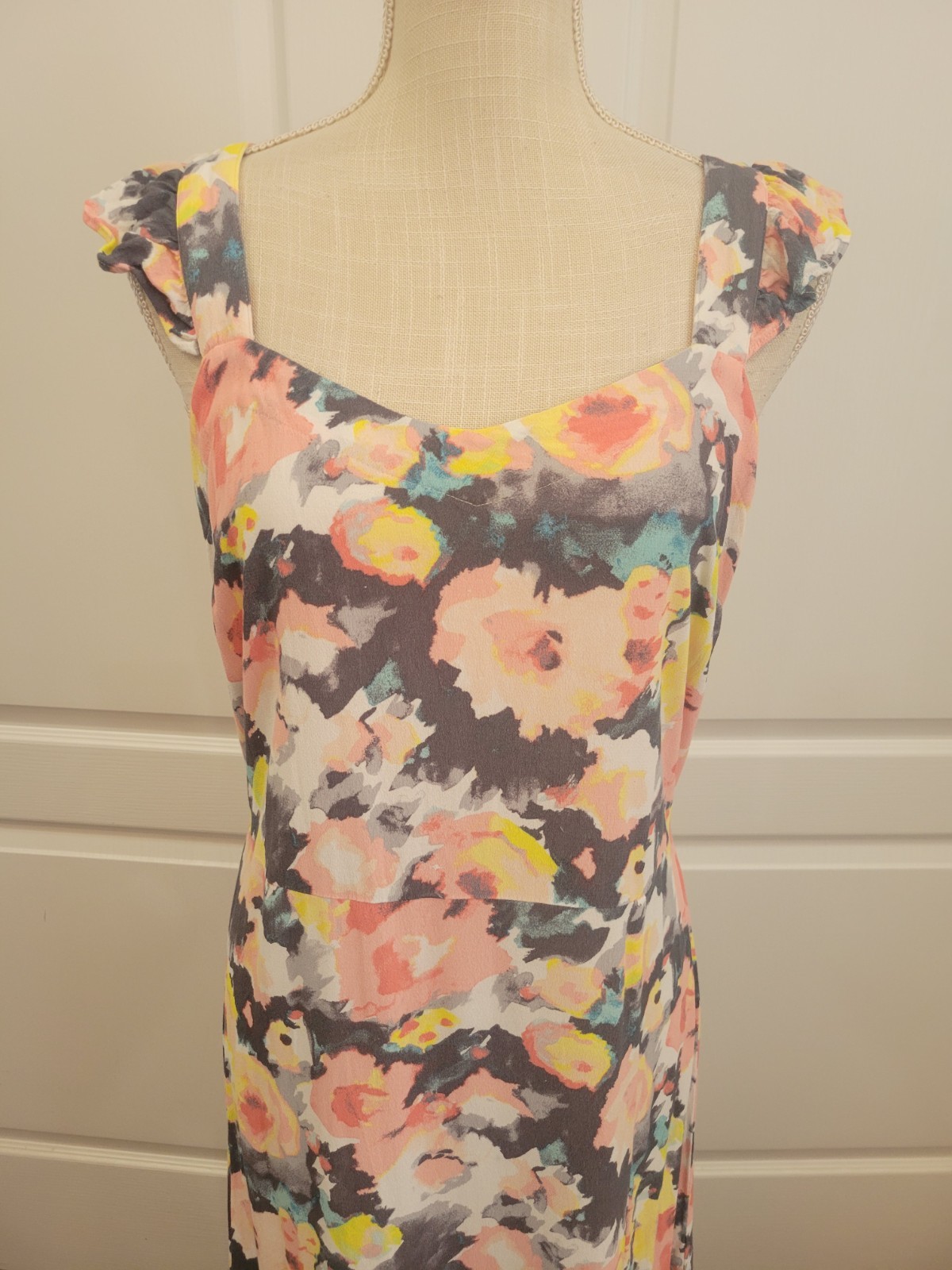 Gray Pink Floral Midi Dress Sleeveless Empire Waist Slit Lined Loft 8