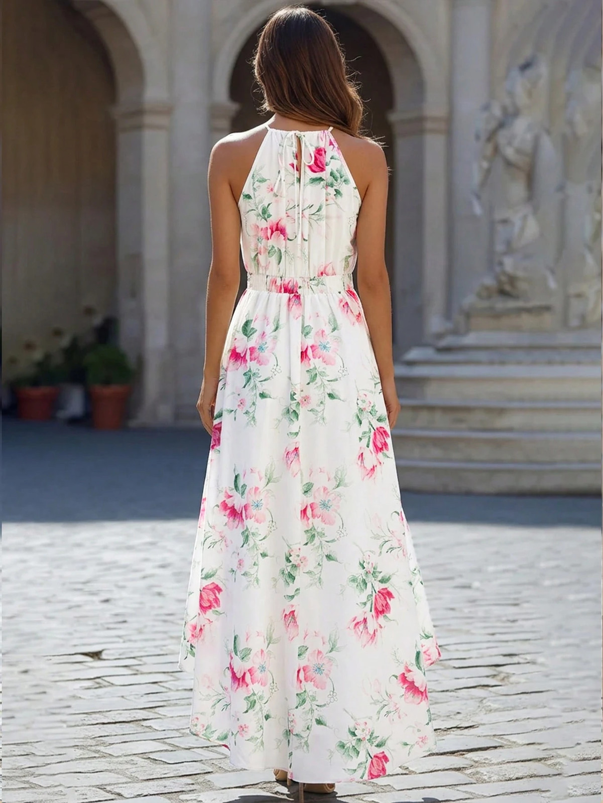 Elegant Floral Print Holiday Asymmetrical Ruffle Dress