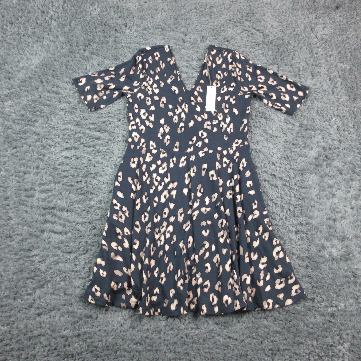Nine Britton Dress Womens Large Blue Leopard Fit & Flare V Neck Knee Casual NWT