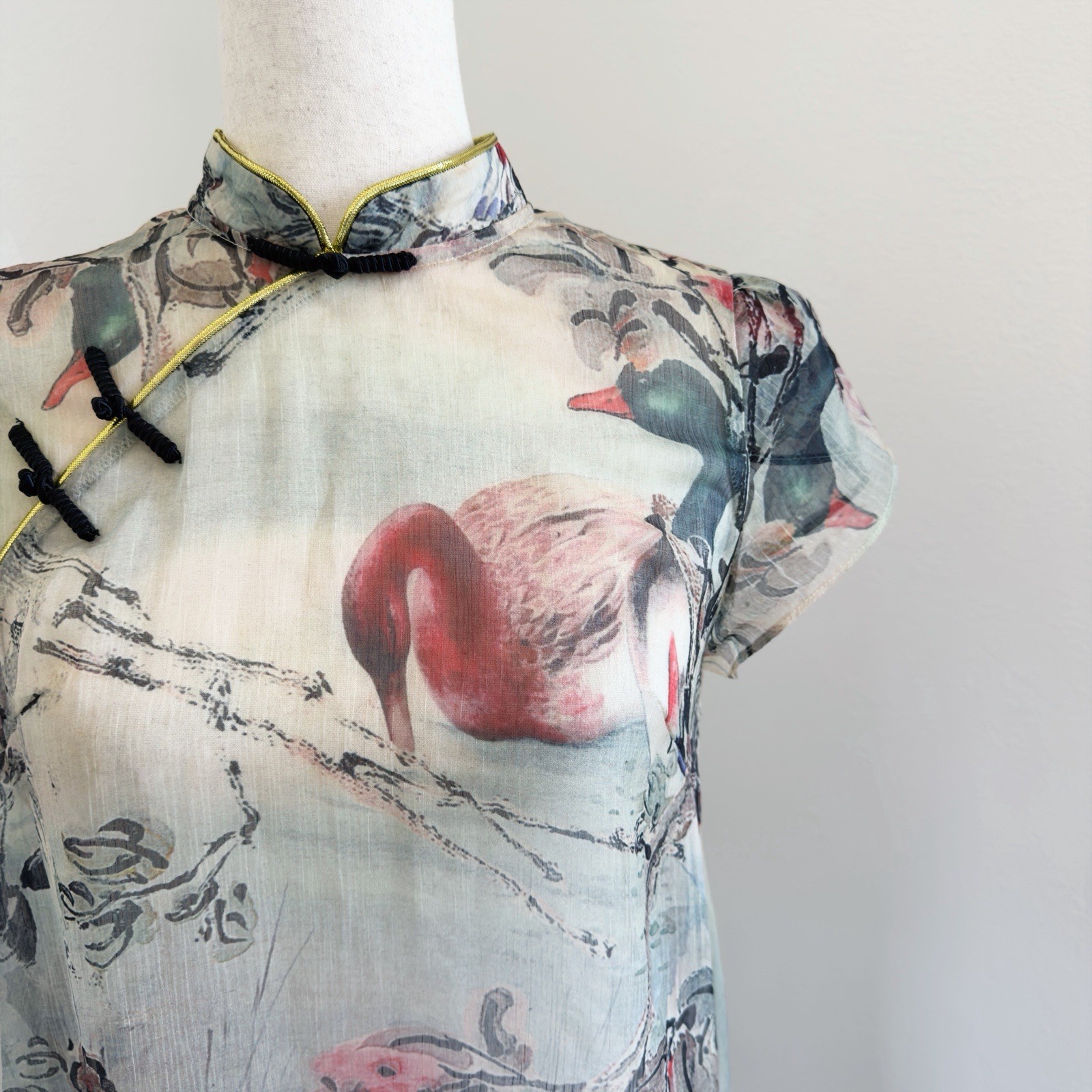 Delicate Cheongsam Dress Womens Small* Bird Mandarin Collar Whimsical Dainty