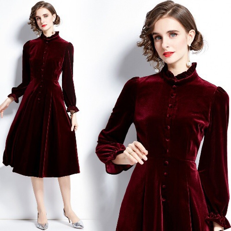 Lady Formal Midi Dresses Velvet Velour Pleated Ruffle Button Zipper Elegant Slim