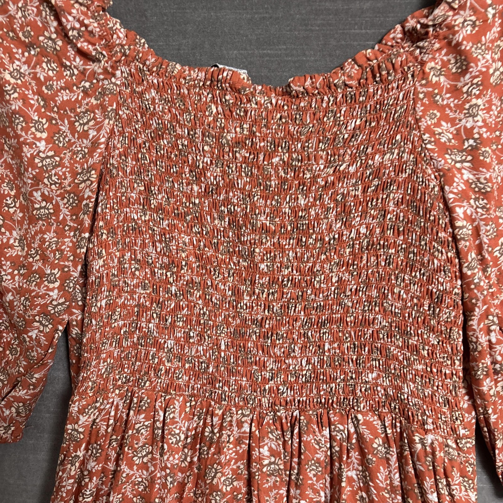 Sincerely Jules Dress M Rust Brown Floral Puff Smocked Midi Boho Cottage Fall