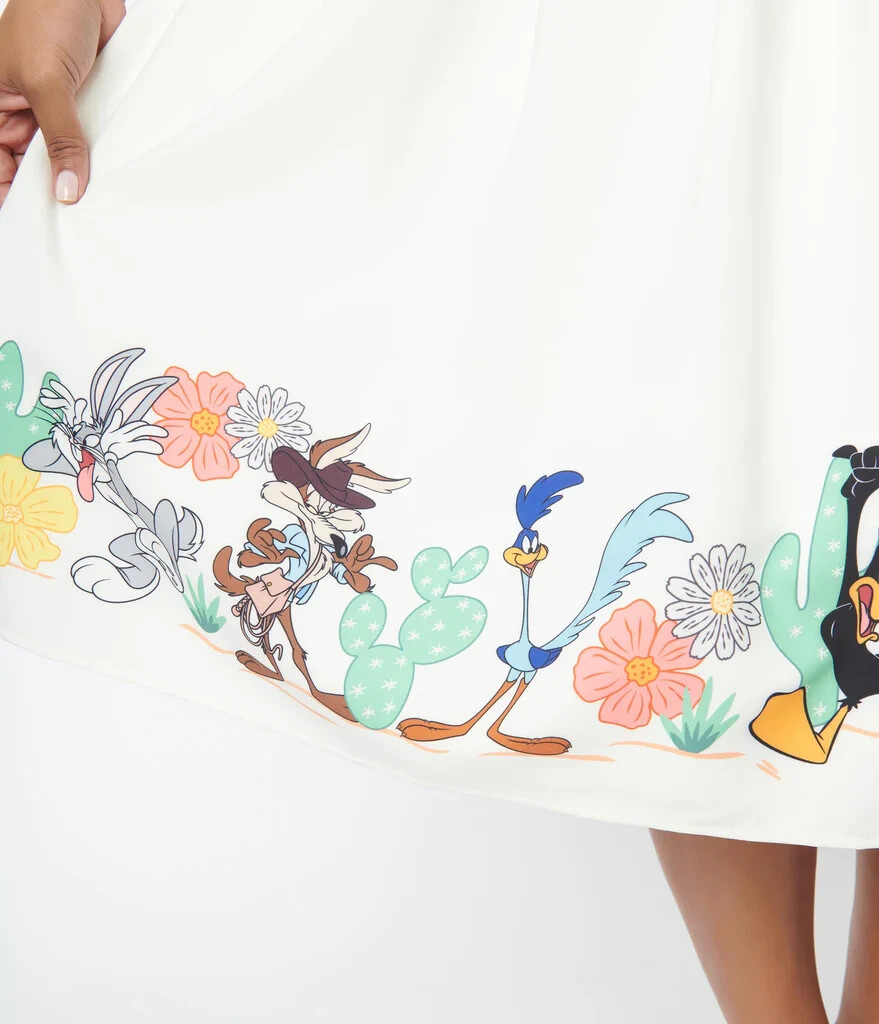 Unique Vintage Looney Tunes White & Character Border Print Swing Dress Plus XL