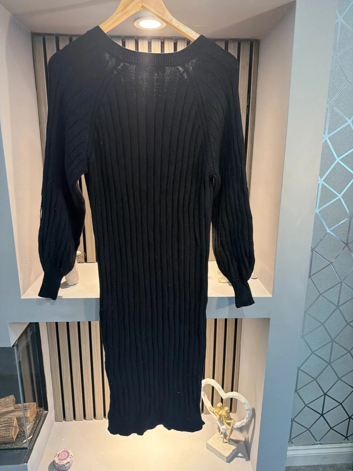 Black Ribbed Knit High Neck Long Sleeve Bodycon Midi Jumper Dress XS UK 6 Winter