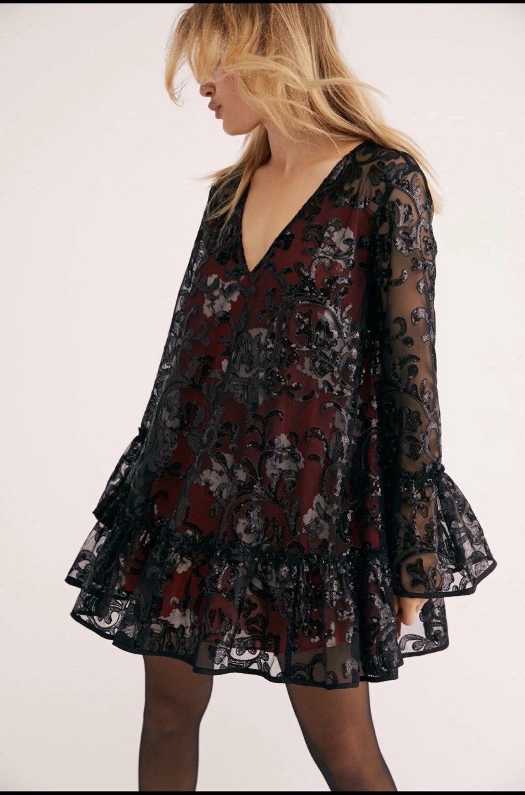 Free People Falling Flowers Embroidered Tulle Sequin Mini Dress Black Boho Large
