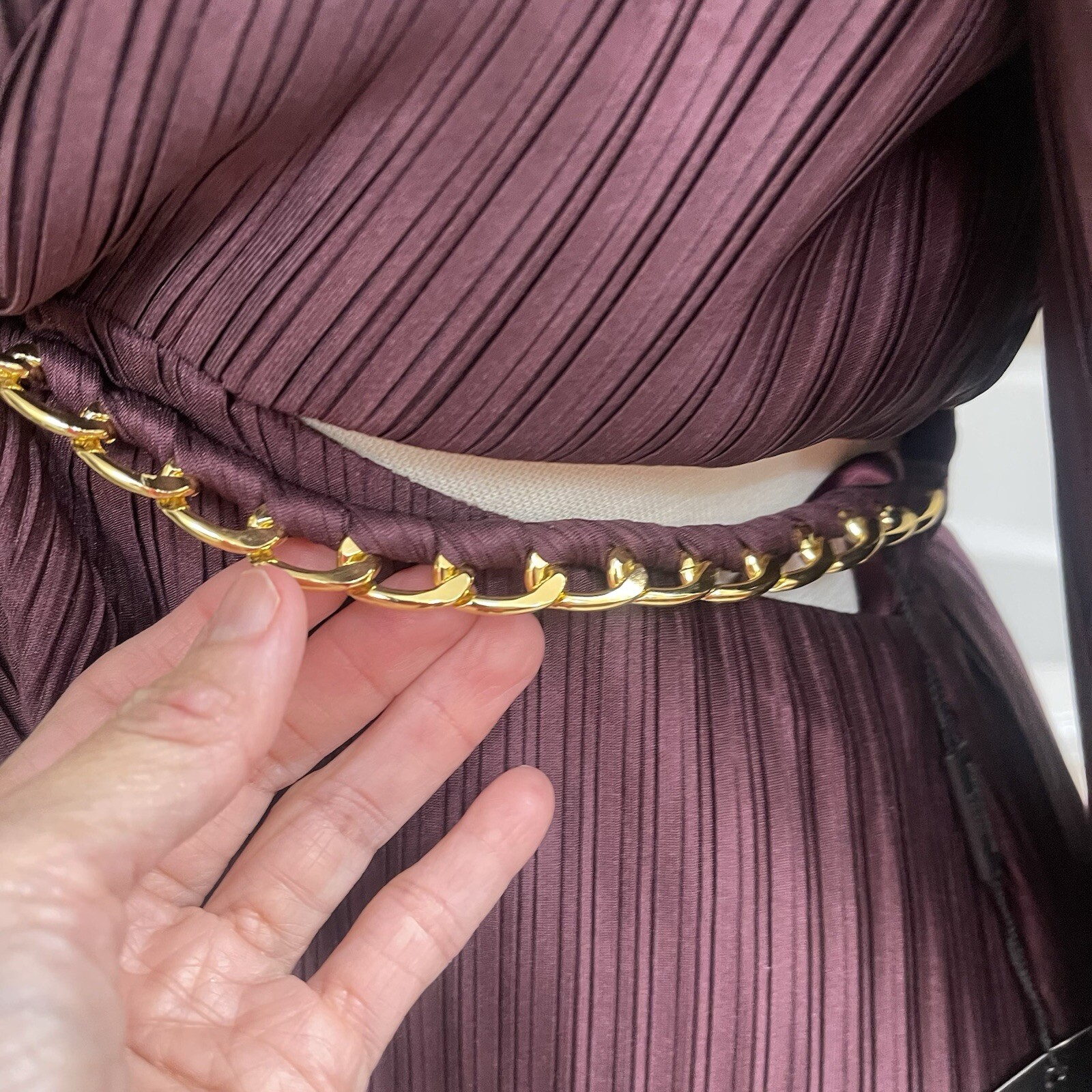 NWT WHBM Size OP Burgundy Pleated Cutout Maxi Dress w. Chain Orig Price $250