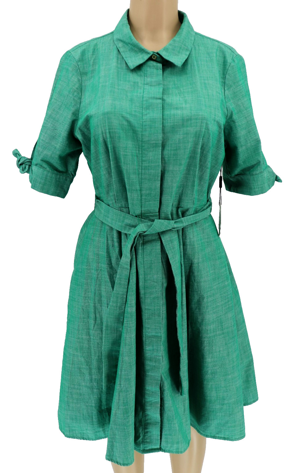 Calvin Klein Midi Shirt Dress Womens 12 Green Button Belted Classic Pockets New