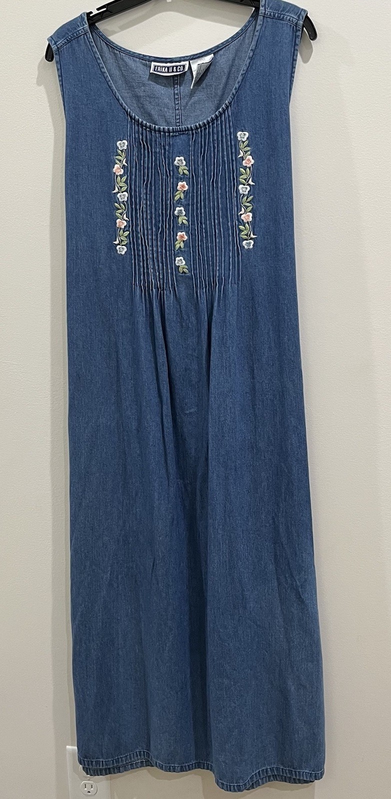 Embroidered Floral Denim Jean Jumper 2X Erik & Co Vtg 90s Modest Cottagecore