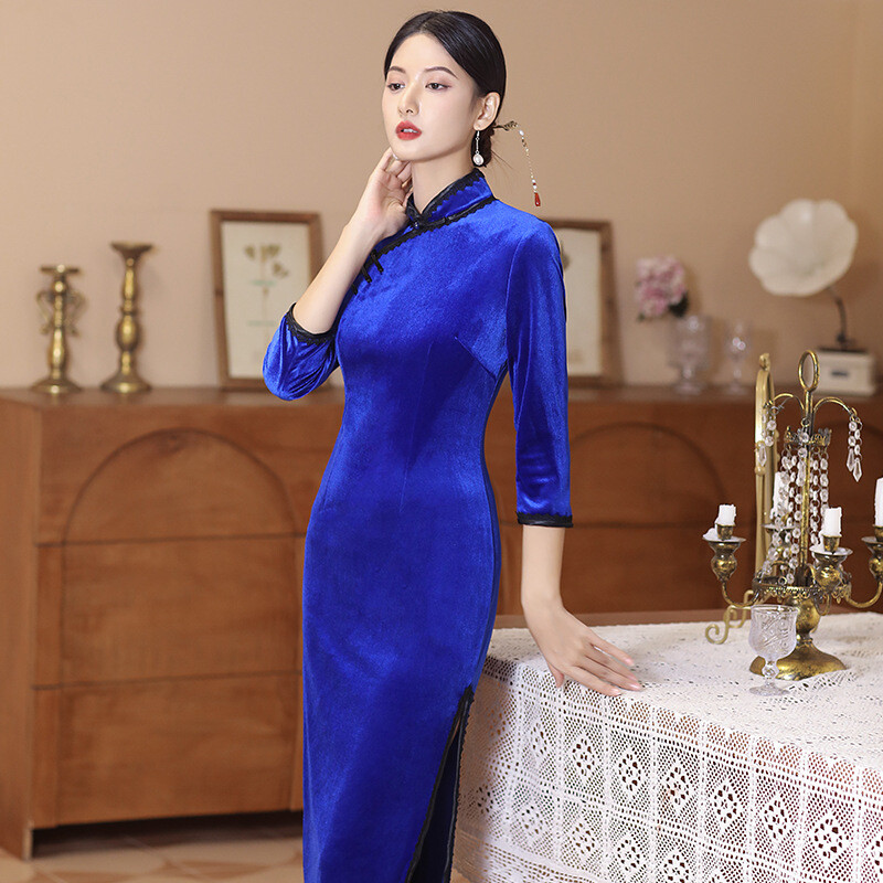 2024 Autumn Winter Qipao Dress Chinese Velvet Long Cheongsam Women Party Gown