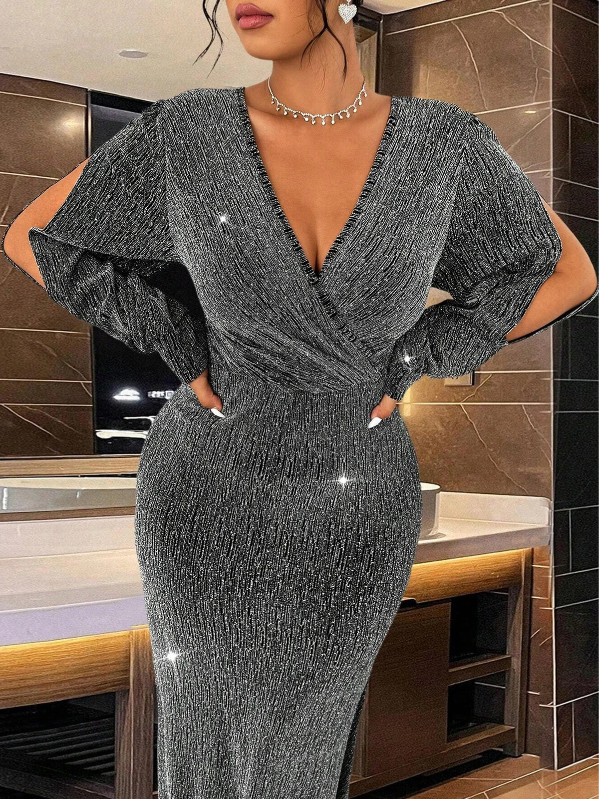 Plus Size Fashion Elegant Temperament Dress Long Sleeve V Neck Slim Evening Gown