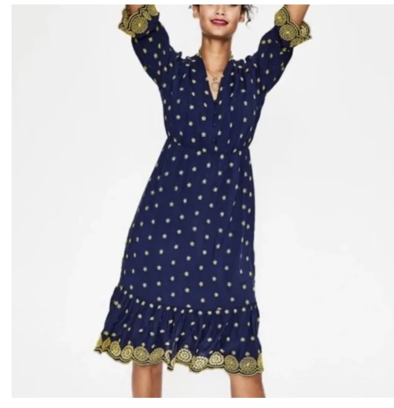 EUC Boden Bronwen Dress/blue with gold broderie, Size US 10R