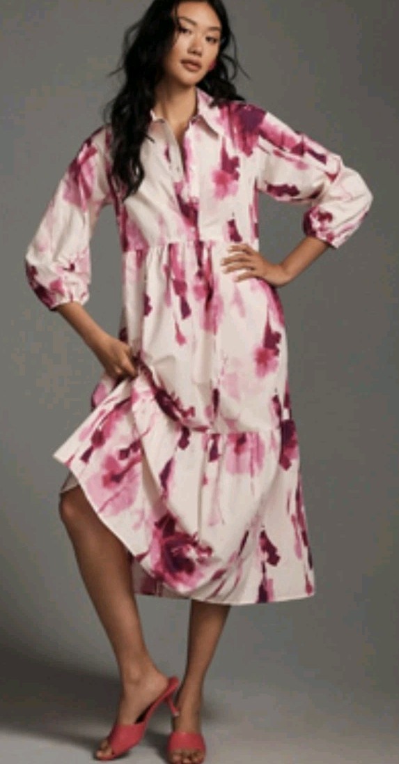 Anthropologie Maeve Bettina Tiered Maxi Dress Pink Watercolor XL