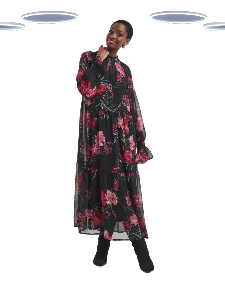 Ex JD Williams Womens Black Floral Tiered Maxi Dress High Neck Long Sleeve