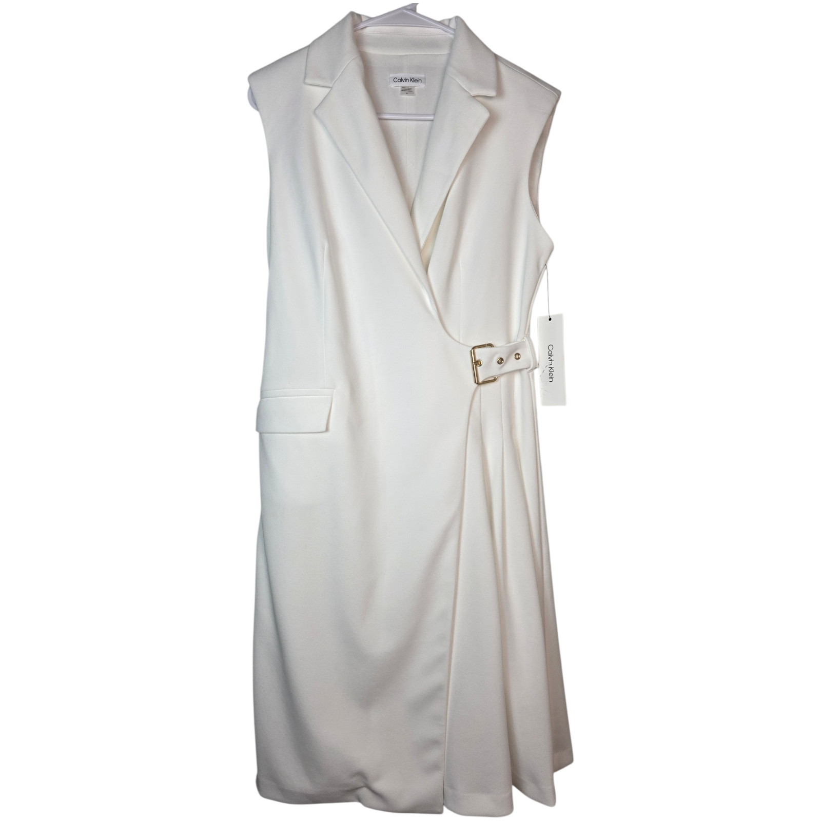 Calvin Klein White Belted Sheath Dress Size 6 Sleeveless RP $146 Elegant Blazer