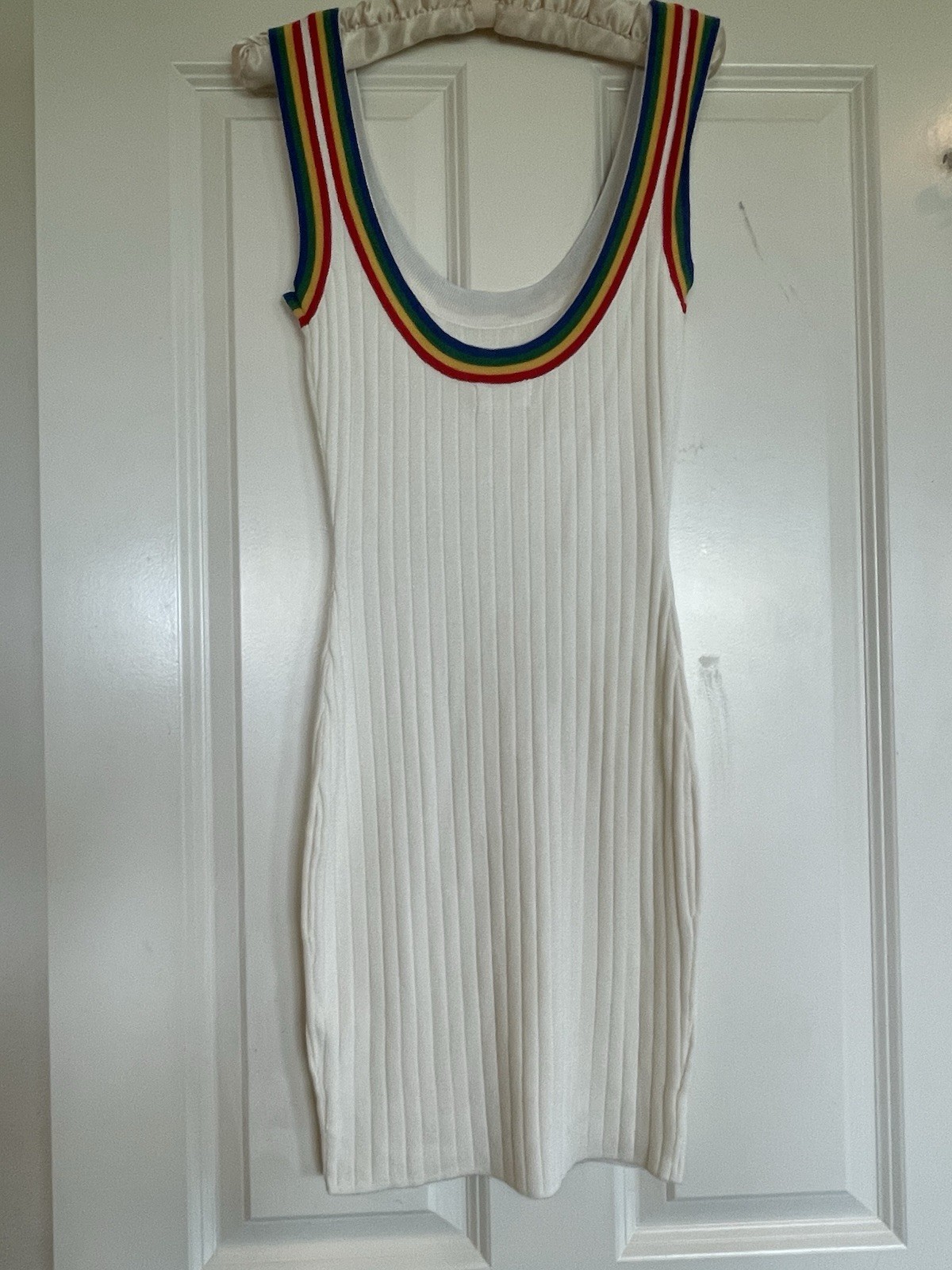 Super Down White Ribbed Knit Rainbow Stripe Trim Bodycon Mini Dress Women’s S