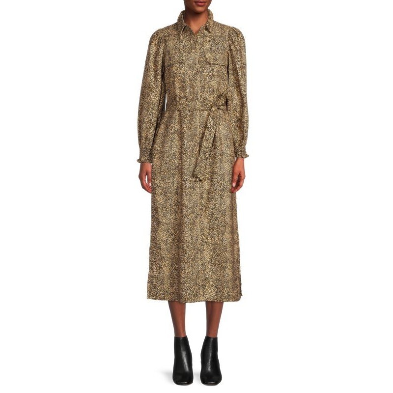 NWT $195 FRNCH Paris Juliette Leopard Print Tie Waist Button Down Maxi Dress XS