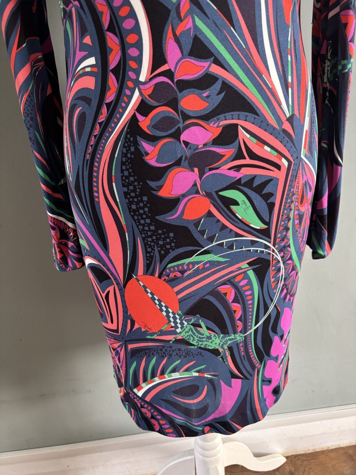Emilio Pucci Multicolour Abstract Jersey Shift Dress Long Sleeve Knee 61RG44