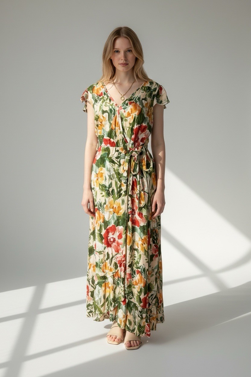 Band of the Free Boho Faux Wrap Floral Garden Hippie Maxi Dress Size S Summer