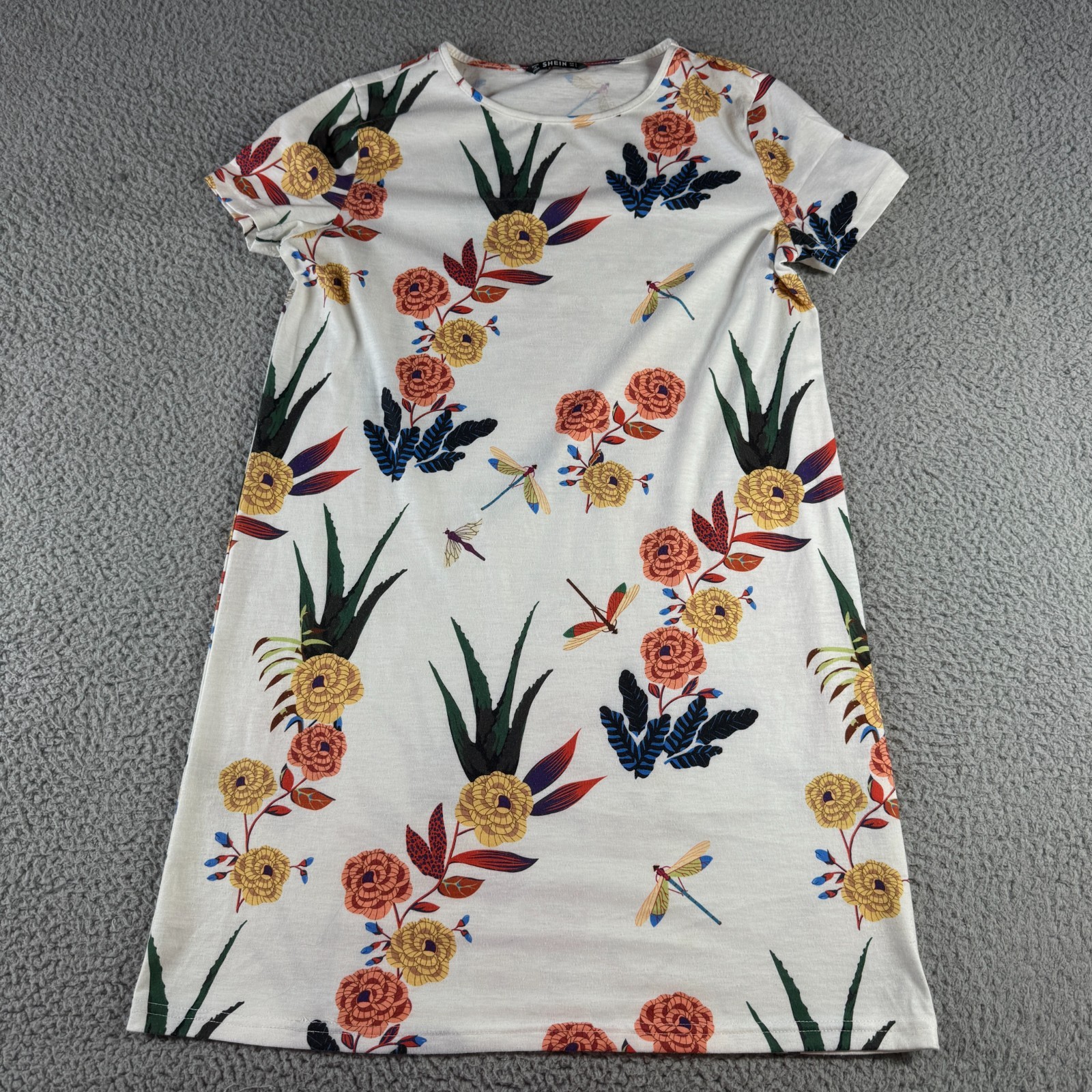 Shein Womens Short Sleeve Crew Neck A Line T Shirt Dress Cream Floral Size S