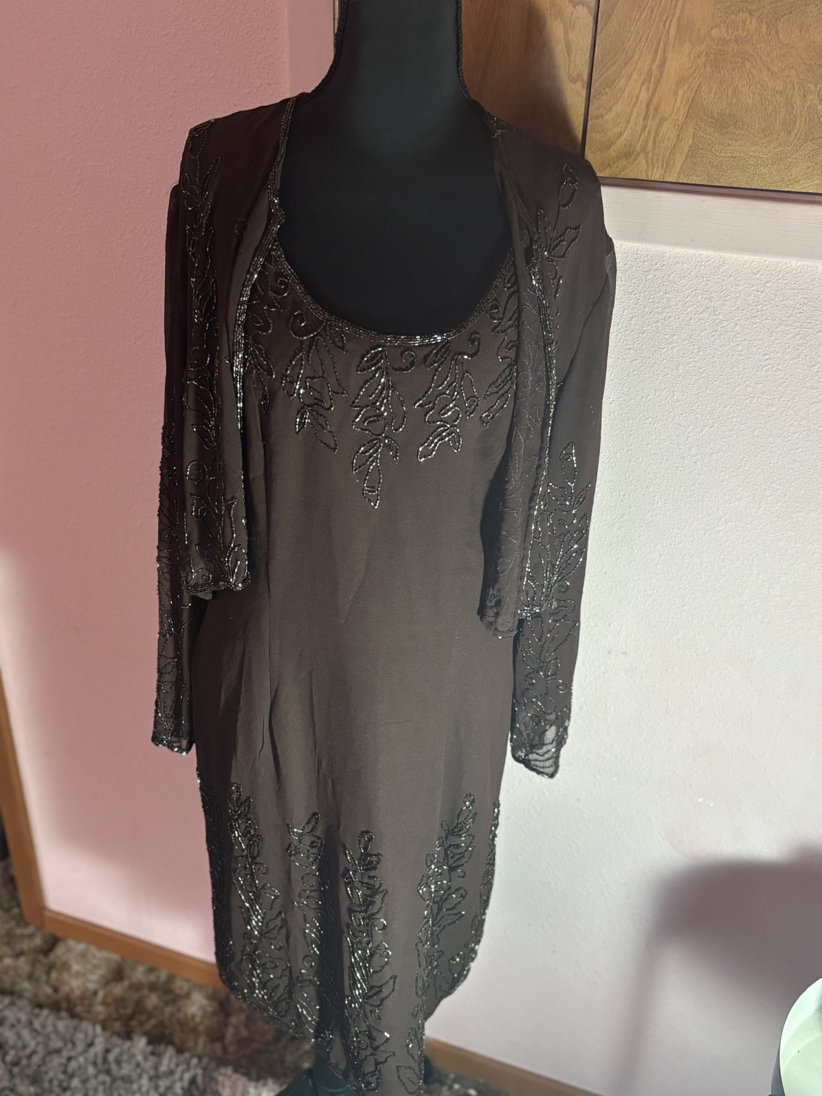 Vintage Bronze Beaded Scala style beaded silk Formal Dress with jacket Women XL
