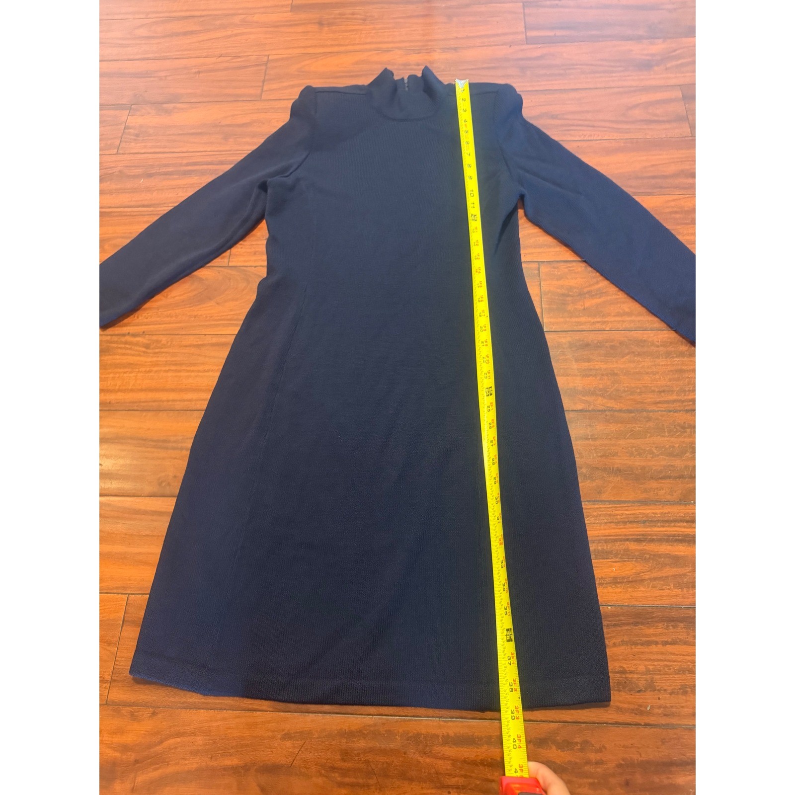 St John Collection Marie Gray Navy Blue Knit Mock Neck Dress Size 8