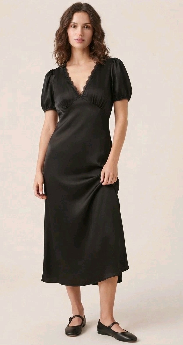 Abercrombie And Fitch Black Satin Puff Sleeve Lace Trim Midi Dress! Size S