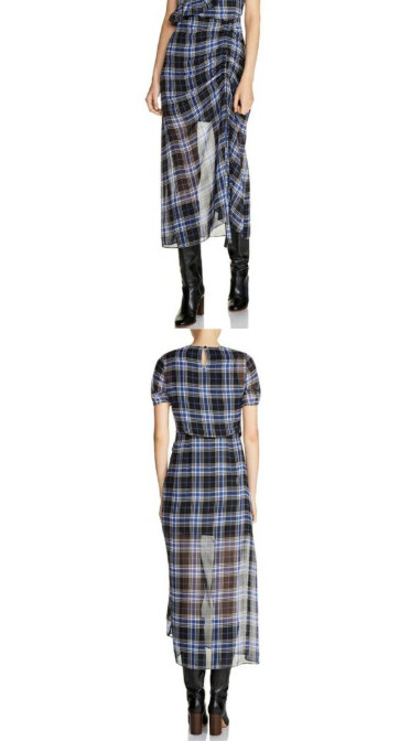 Maje Side-Ruched Plaid Tartan Blue and Navy Long Dress Ruffle UK size 10