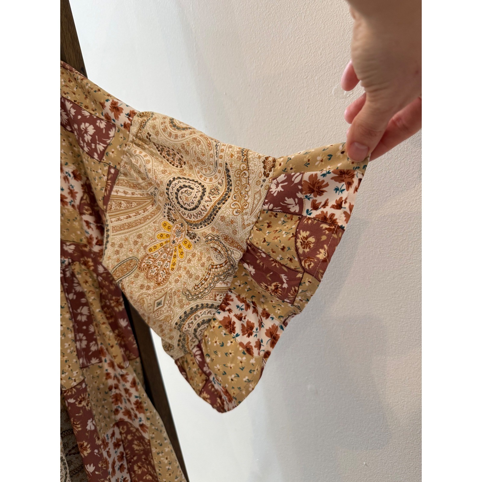 Boho Easel Patchwork Paisley Ruffle Mini Dress Earth Tones Bell Sleeve Boho L