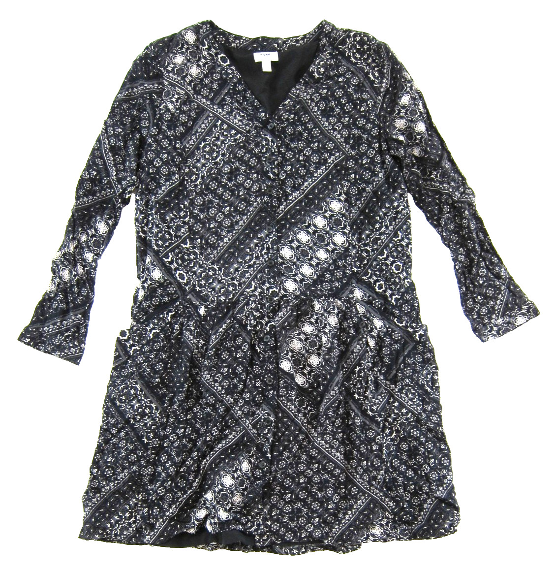 Garnet Hill Grey Black Rayon Button Up Paisley Pocket Long Sleeve VNeck Dress 10