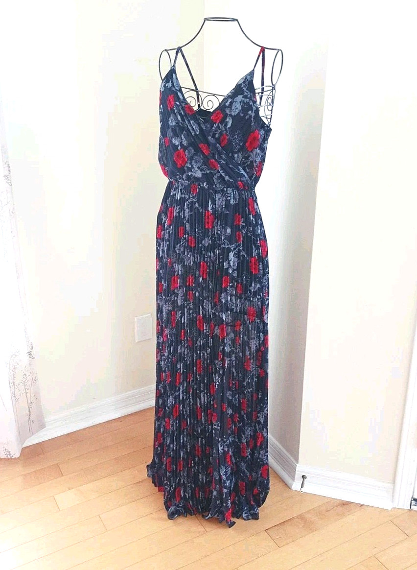 NEW Ali & Jay Pleated Adjustable Straps Maxi Dress Lined M Black Floral Print