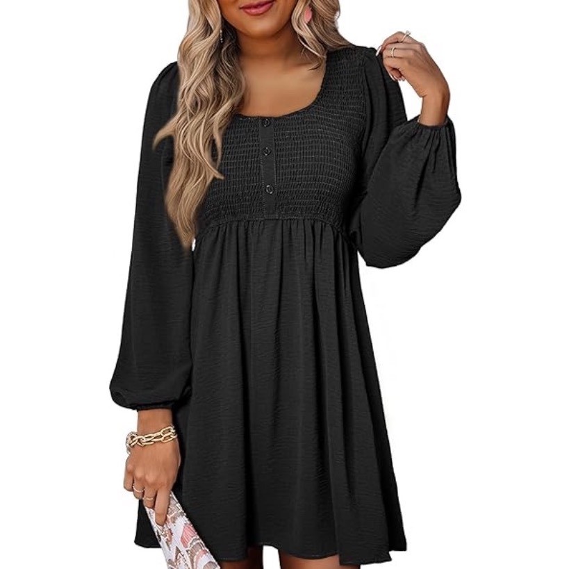 Dokotoo Black Smocked Bodice Classic Long Sleeve Babydoll Mini Dress Capsule – S