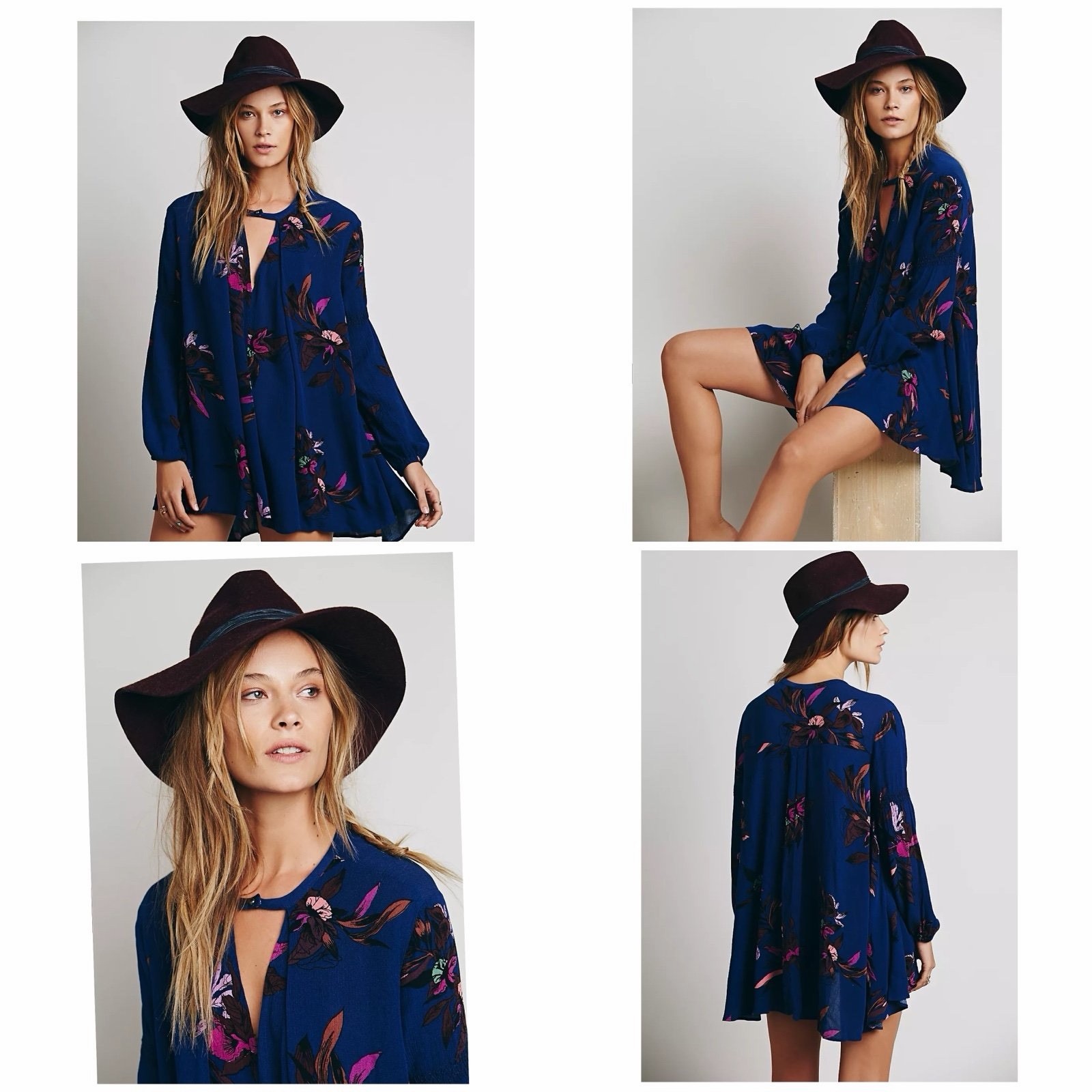 Free People Women’s Tree Swing Tunic Top Mini Dress Floral Print in Blue Sz M