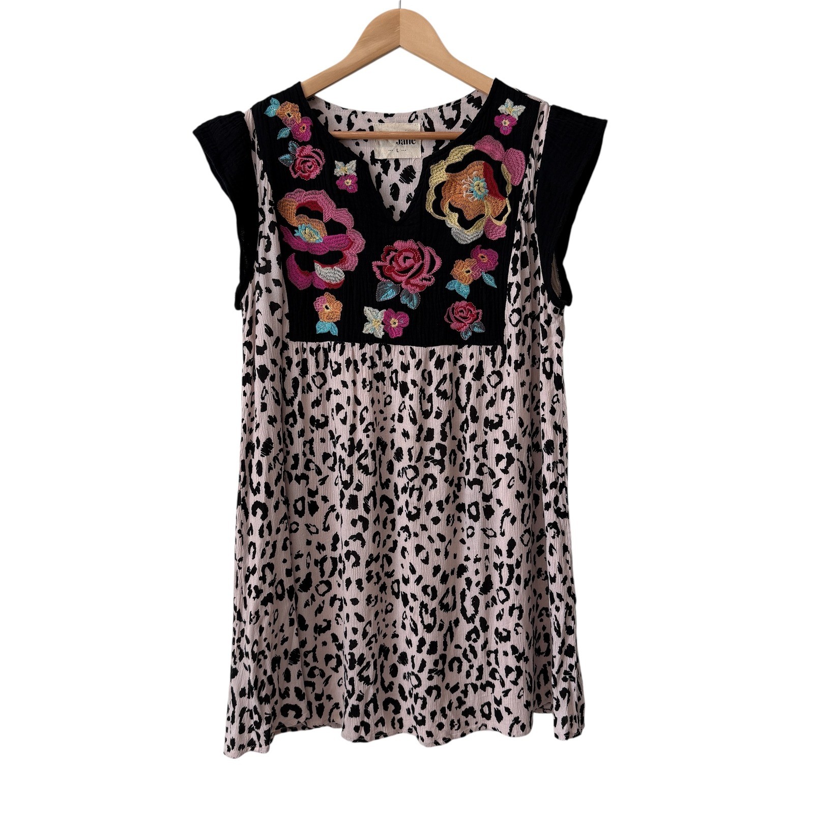 Savanna Jane Boho Leopard Floral Embroidered Swing Dress Size L Lined Whimsical