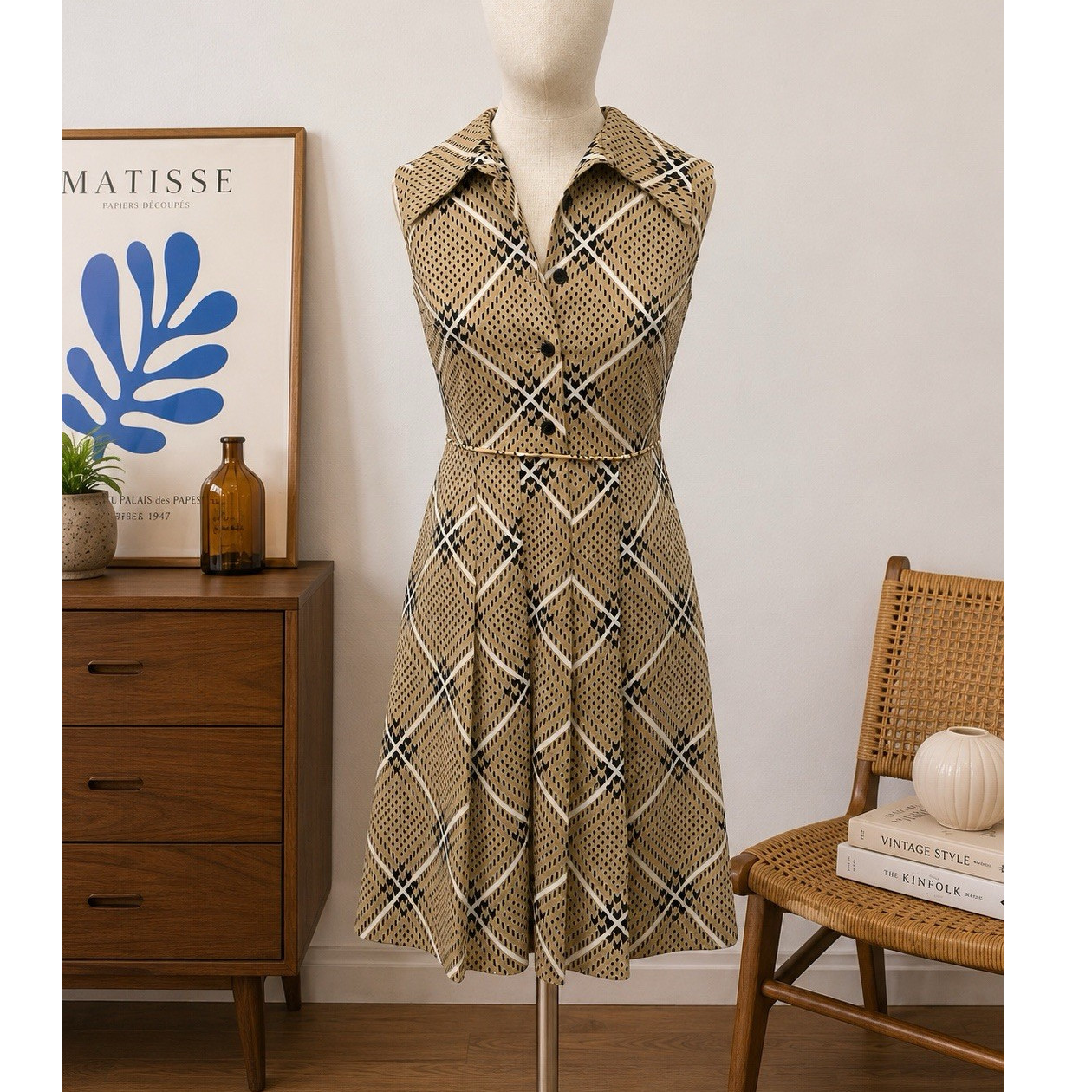 Vintage Handmade Mod Geometric A-Line Tan Dress Sleeveless 60s 70s Retro Sz. SM