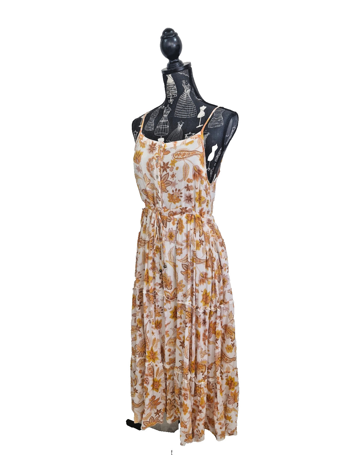 Ghanda Cotton Midi Dress Womens S White Orange Floral Button Tie Waist