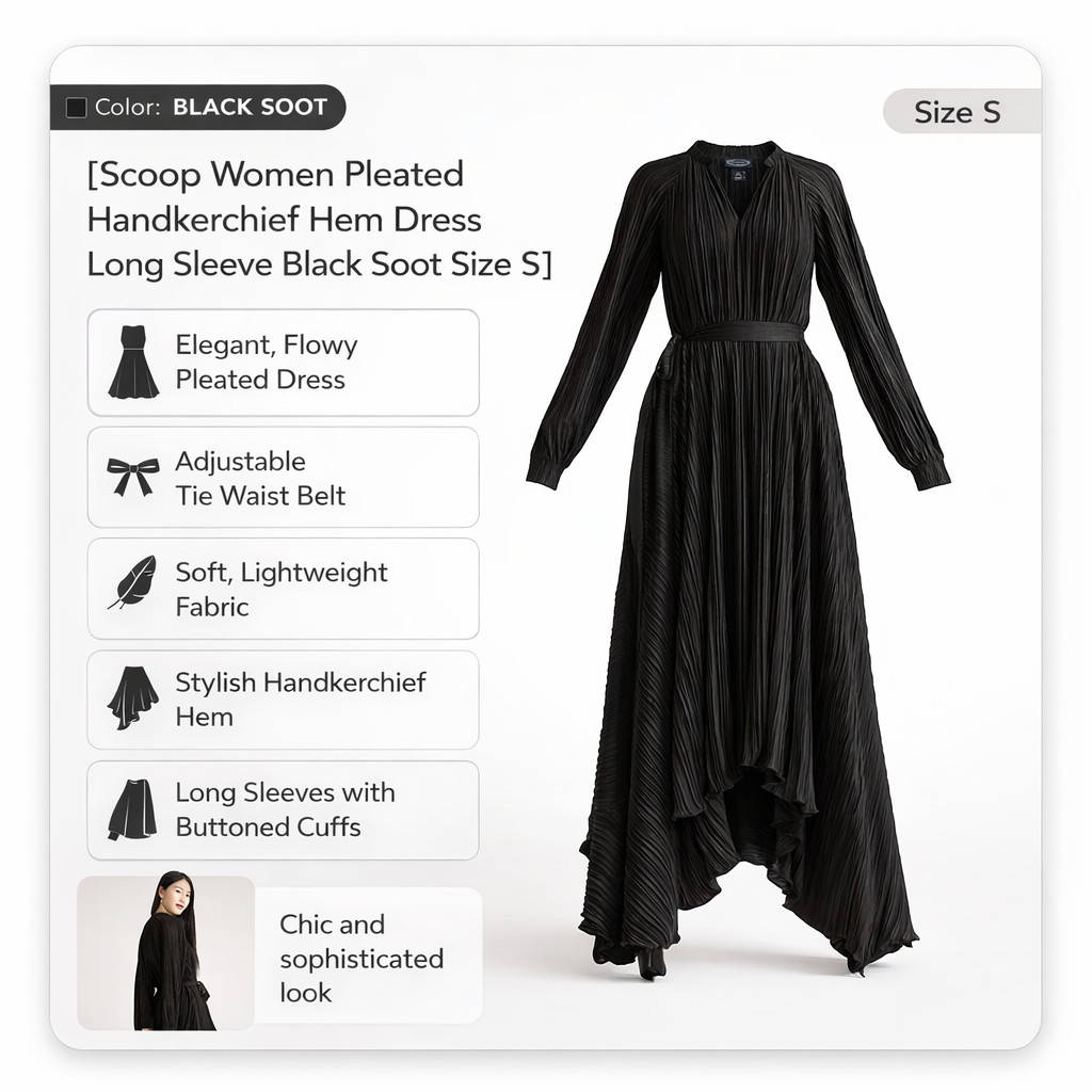 Scoop Women Pleated Handkerchief Hem Dress Long Sleeve Black Soot Size S