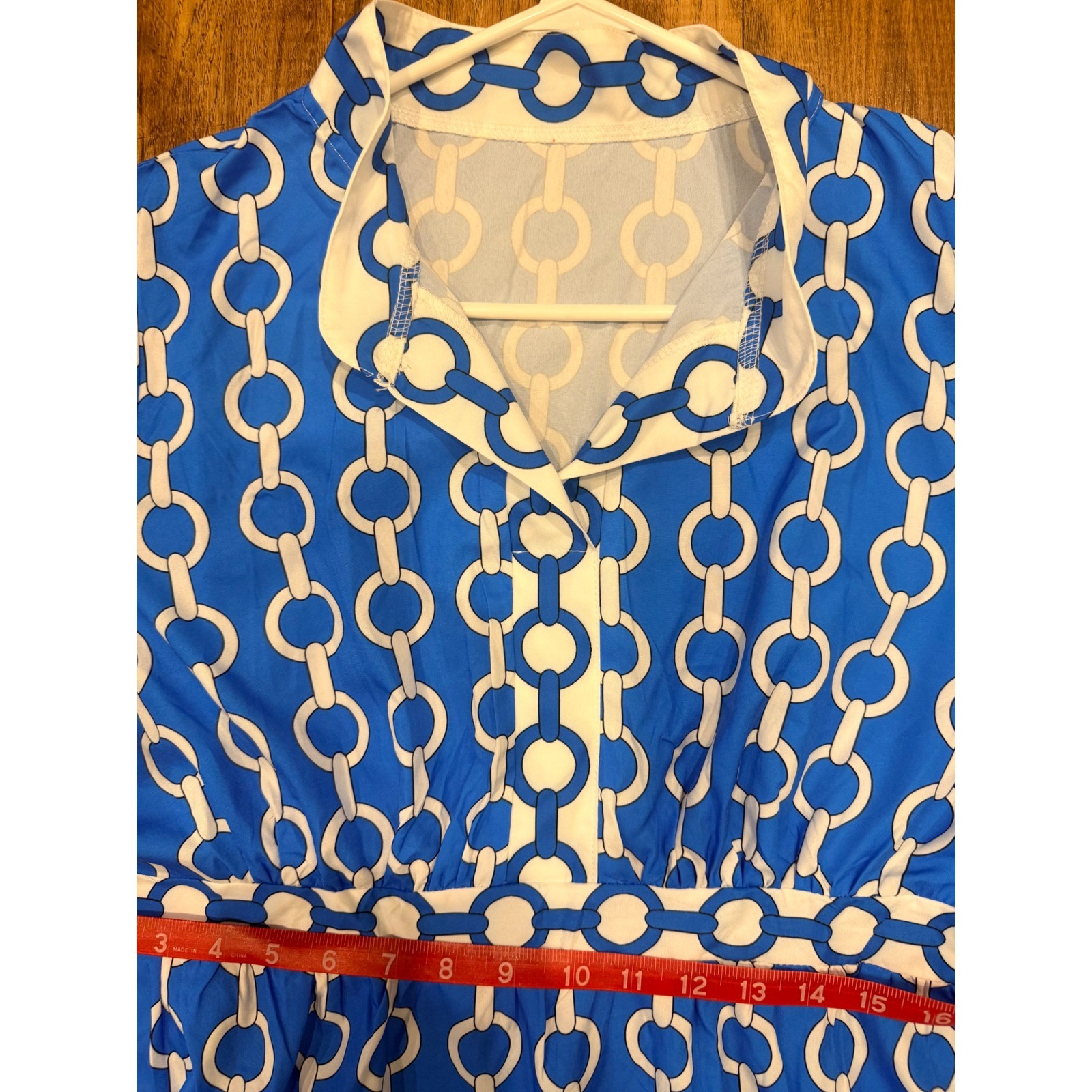Blue White Chain Link Print Tiered Maxi Dress XL Collared Short Sleeve Geometric