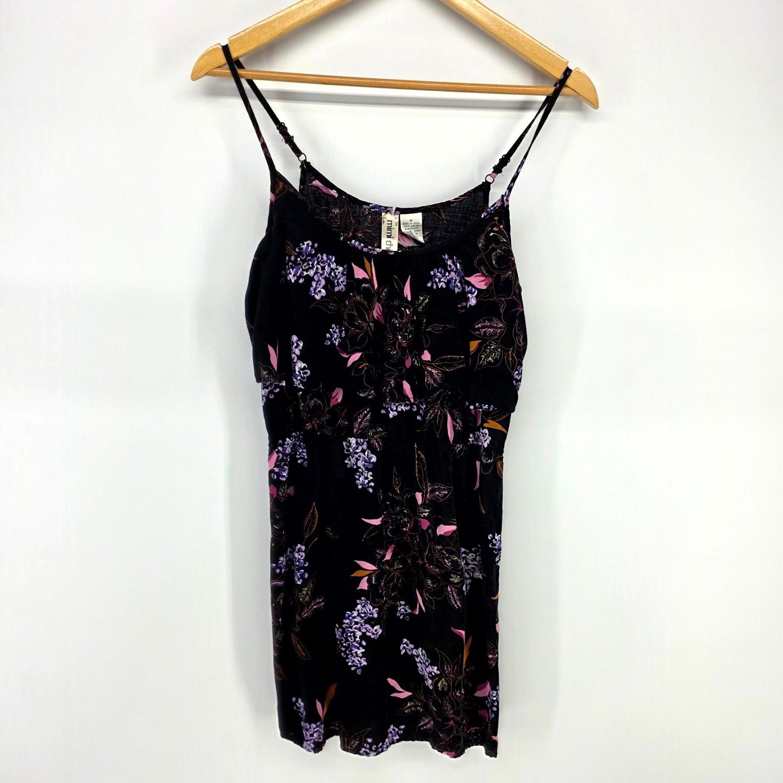 Mimi Chica Floral Mini Dress Womens Medium Black Purple Ruffle Boho Sundress
