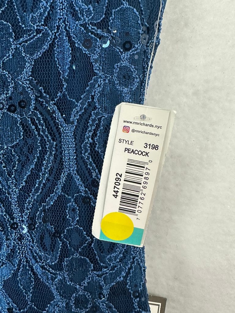 R & M Richards Gown Size 16 Sequin Lace Illusion Peacock Blue Mother of Bride