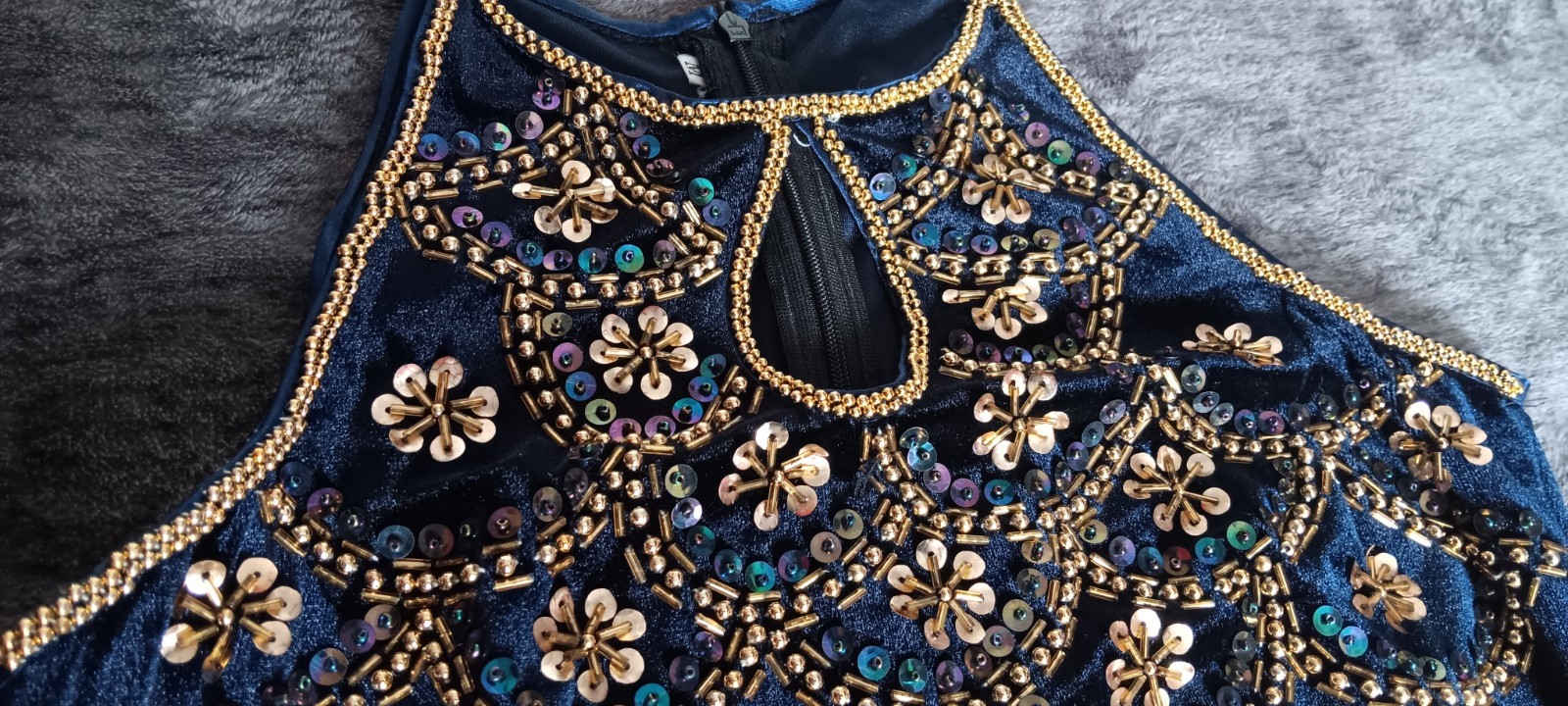Blue Velour Beaded/Sequin Fringe Halter Formal Dress Sleeveless Long women:M